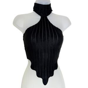 New XS Black High Neck Sleeveless Turtleneck‎ Ribbed Drip Hem Crop Triangle Top